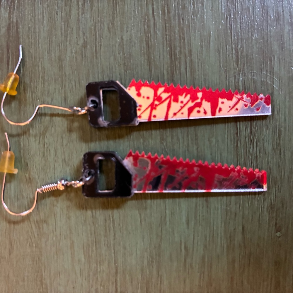 Unique Red and Silver Saw Blade Earrings